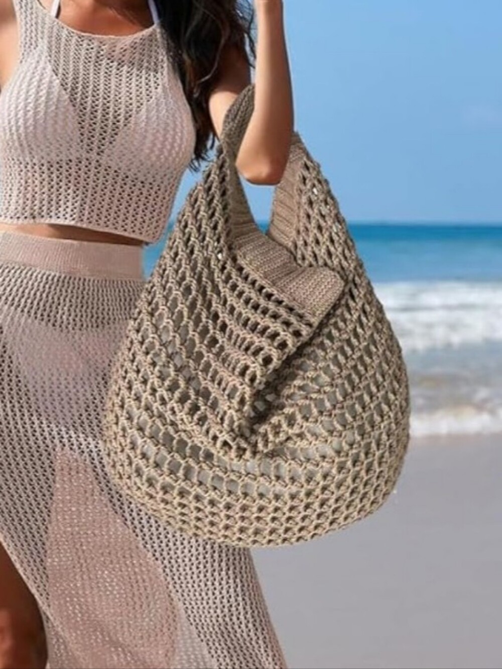 Neutral Crochet Beach Tote Bag - Stylish Summer Carryall - Picture 1 of 6